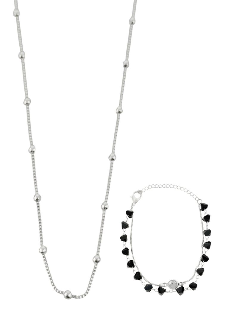 Conjunto Colar e Pulseira Folheado a Prata 925 Cristais Pretos e Esferas