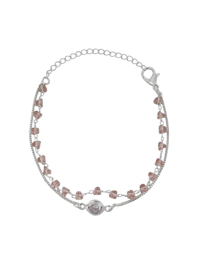 Pulseira Dupla Folheado a Prata 925 Cristais Rosas