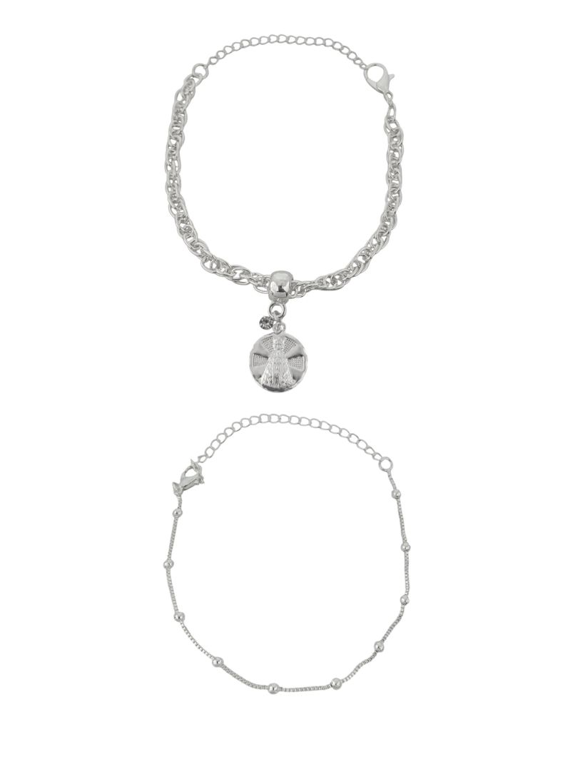 Conjunto Colar e Pulseira Folheado a Prata 925 Elos Com Pingente Nossa Senhora