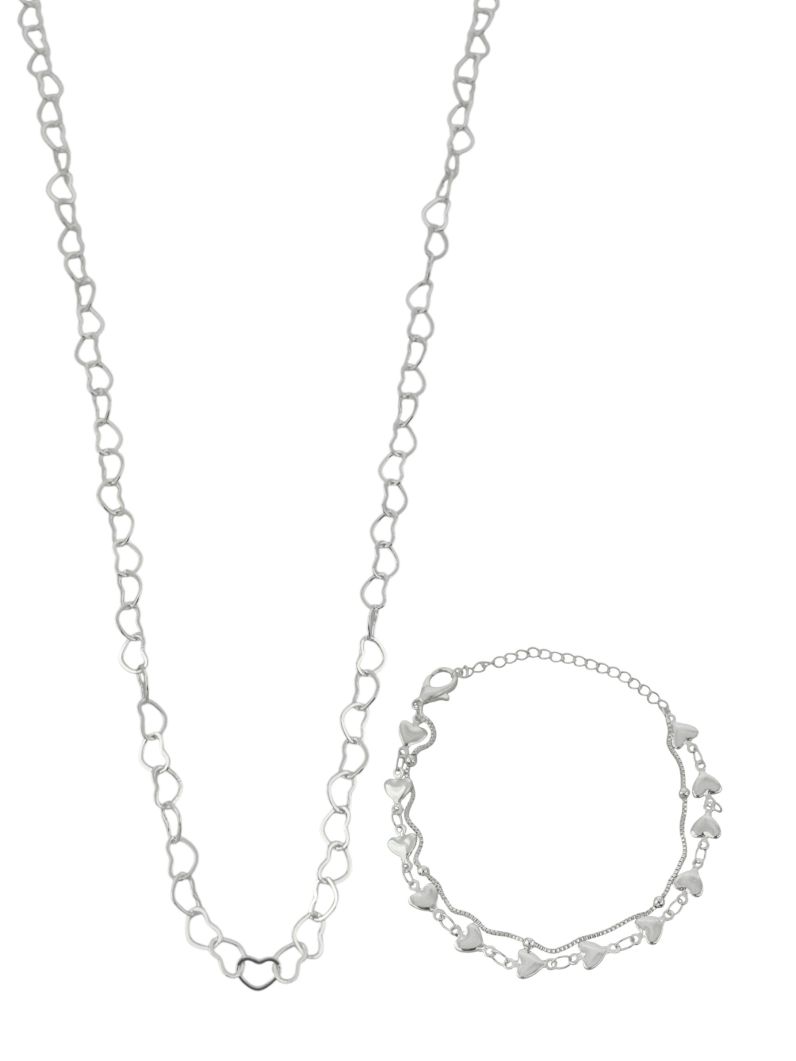 Conjunto Colar e Pulseira Folheado a Prata 925 Elos de Coração