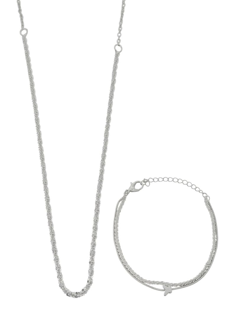 Conjunto Colar e Pulseira Folheado a Prata 925 Elos Torcidos e Borboleta