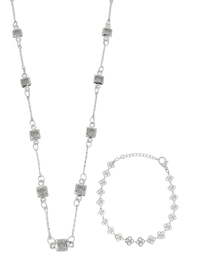 Conjunto Colar e Pulseira Folheado a Prata 925 Flores e Quadrados
