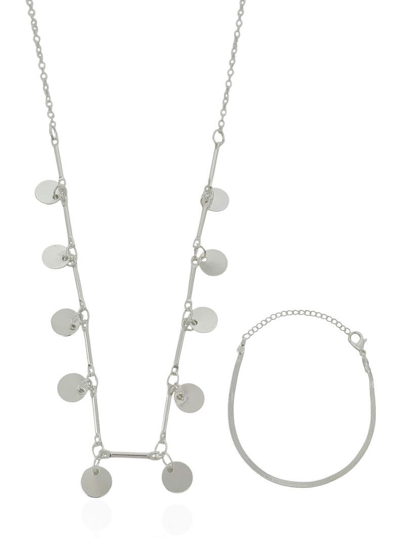 Conjunto Colar e Pulseira Folheado a Prata 925 Mini Círculos e Fita Laminada