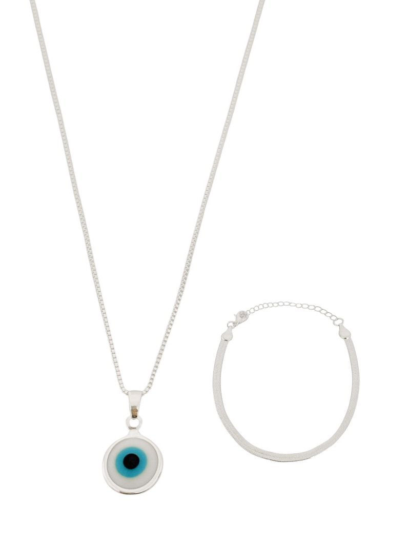 Conjunto Colar e Pulseira Folheado a Prata 925 Olho Grego e Fita Laminada