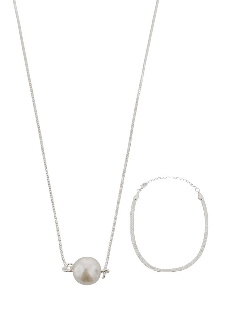 Conjunto Colar e Pulseira Folheado a Prata 925 Pérola e Fita Laminada