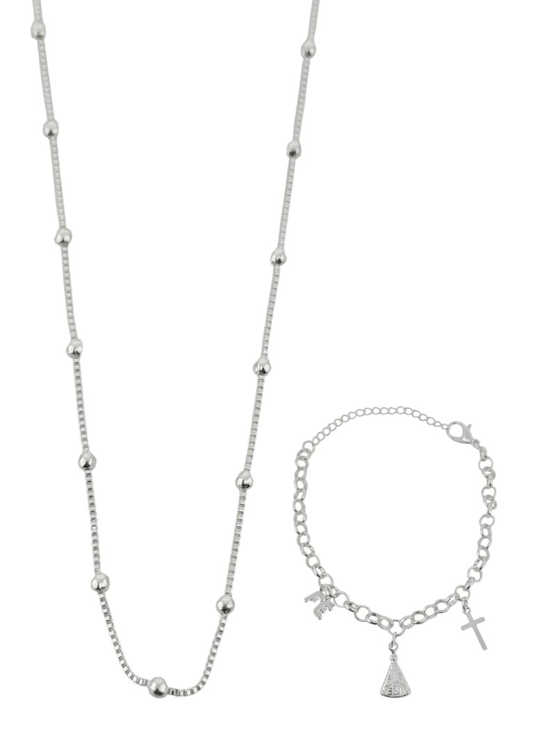 Conjunto Colar e Pulseira Folheado a Prata 925 Pingente 'Nossa Senhora'