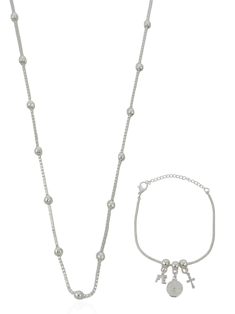 Conjunto Colar e Pulseira Folheado a Prata 925 Pingentes Fé, Cruz e Pai Nosso