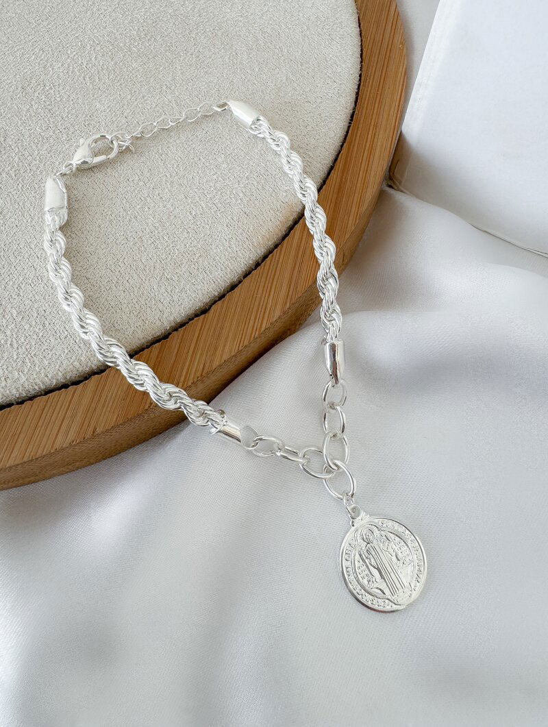 Conjunto Colar e Pulseira Folheados a Prata 925 Cordão Baiano com Pingente São Bento