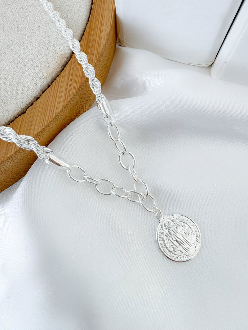 Conjunto Colar e Pulseira Folheados a Prata 925 Cordão Baiano com Pingente São Bento