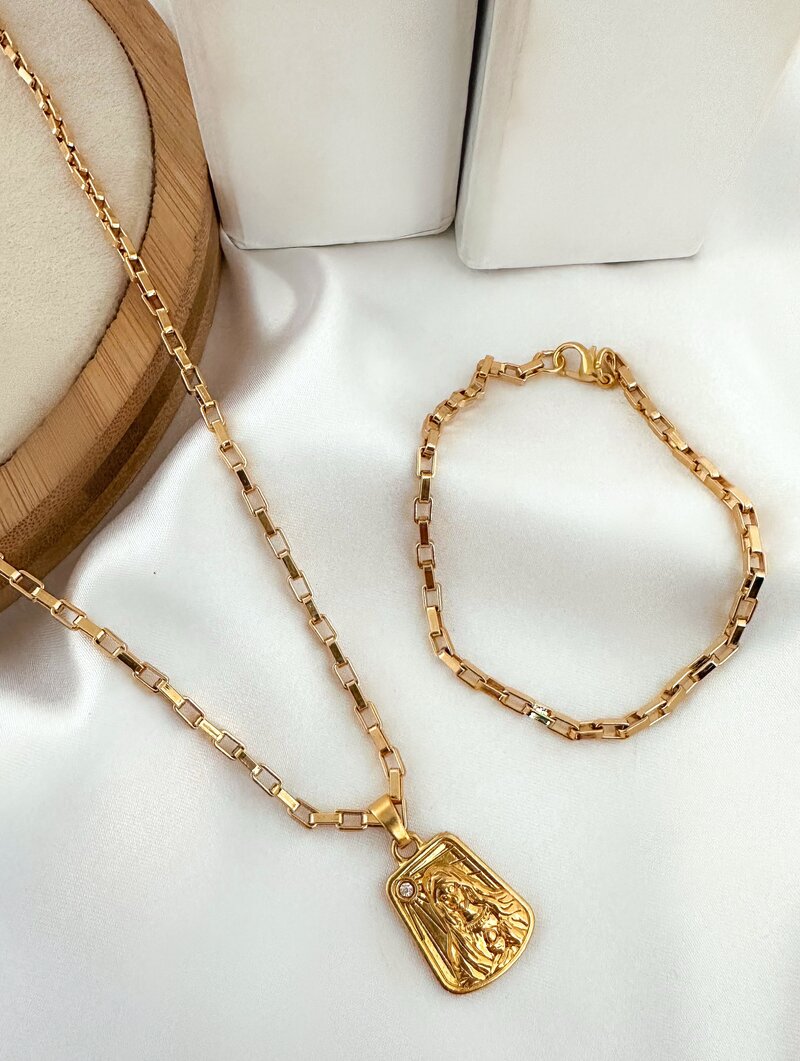 Conjunto Colar e Pulseira Masculino Semi Joia Nossa Senhora de Fátima