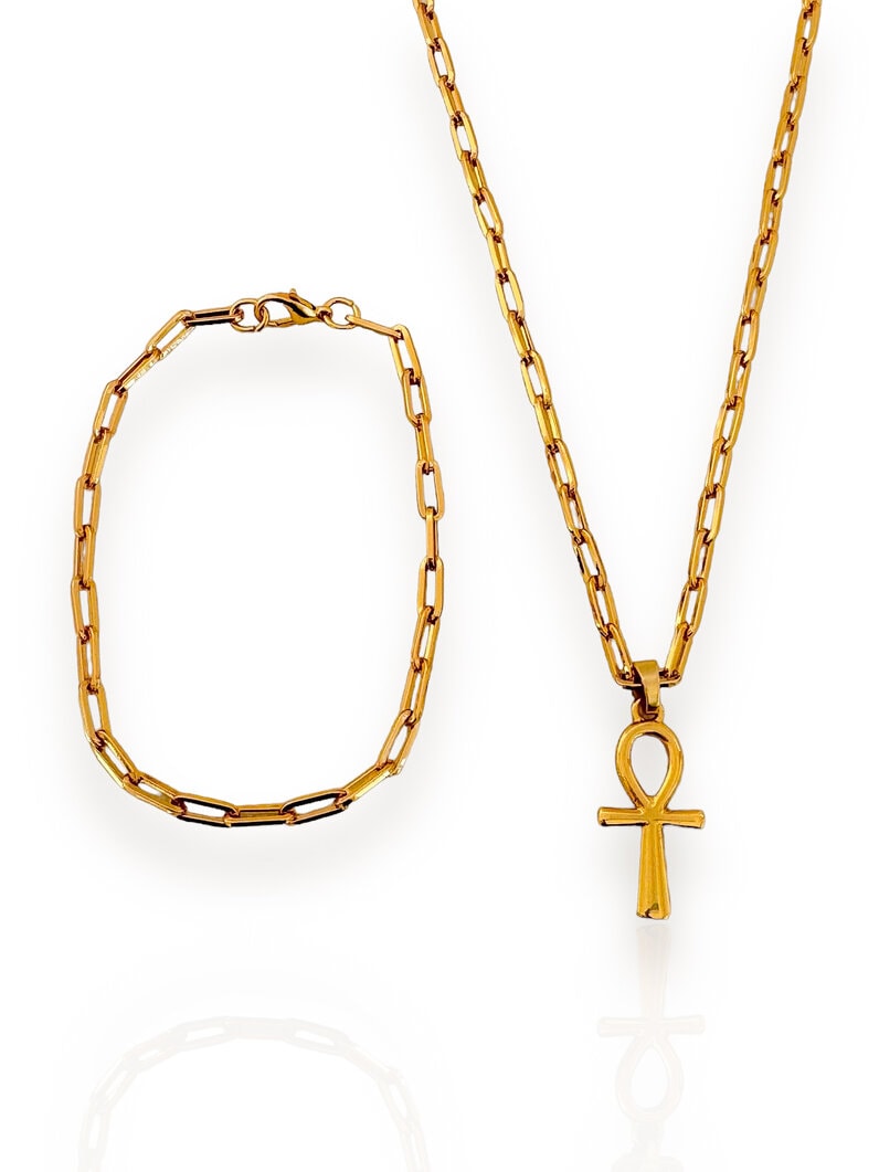 Conjunto Colar e Pulseira Masculino Semi Joia Cruz de Ansata