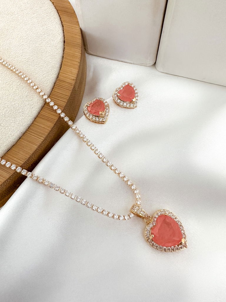 Conjunto de colar e brinco em micro zircônia com pedra fusion folheado a ouro 18k e prata 925