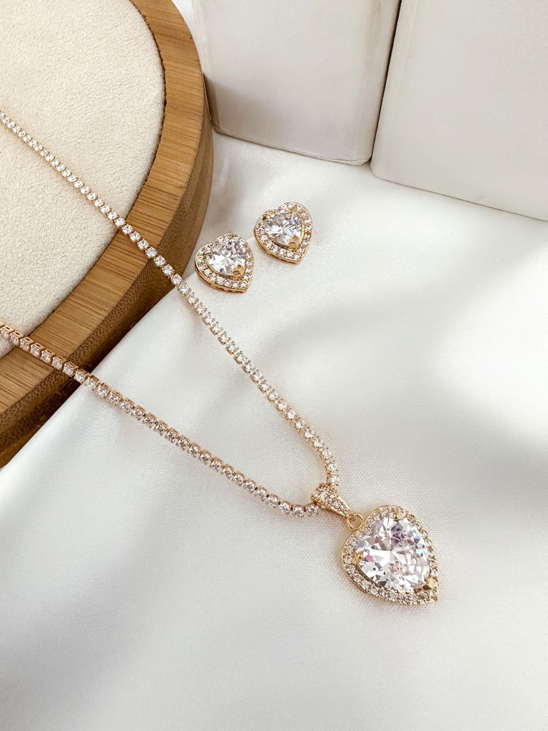 Conjunto de colar e brinco em micro zircônia com pedra fusion folheado a ouro 18k e prata 925
