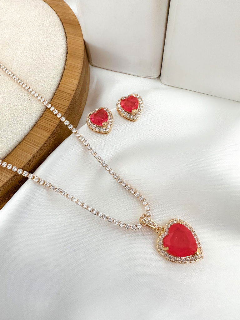 Conjunto de colar e brinco em micro zircônia com pedra fusion folheado a ouro 18k e prata 925