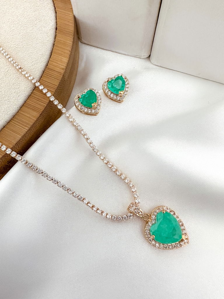 Conjunto de colar e brinco em micro zircônia com pedra fusion folheado a ouro 18k e prata 925