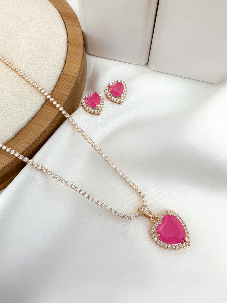 Conjunto de colar e brinco em micro zircônia com pedra fusion folheado a ouro 18k e prata 925