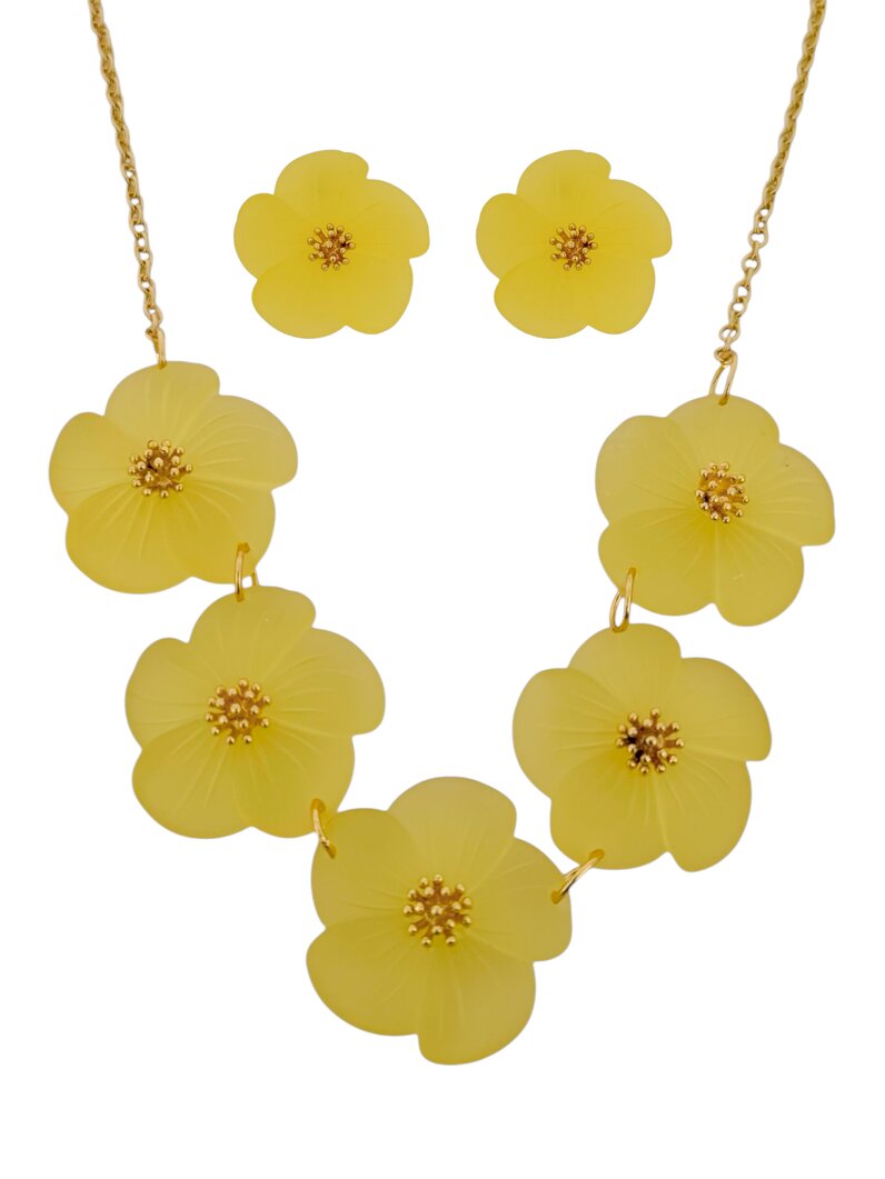 Conjunto de Colar e Brinco Folheado a Ouro 18k Flor de Resina