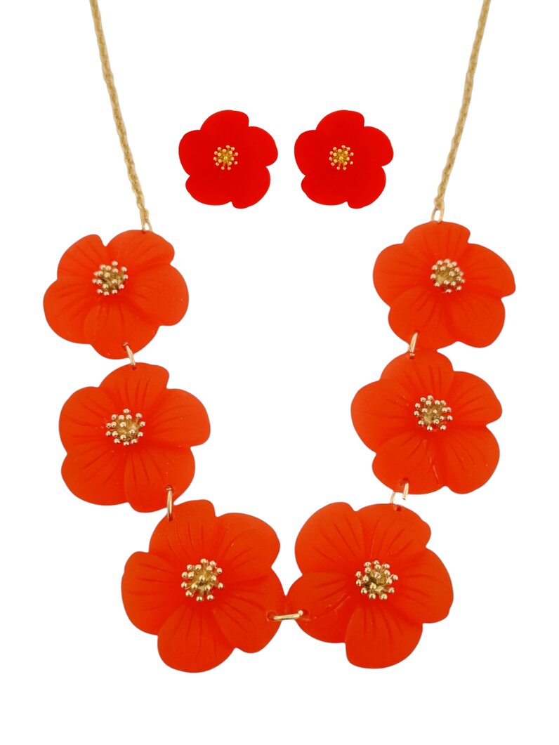 Conjunto de Colar e Brinco Folheado a Ouro 18k Flor de Resina