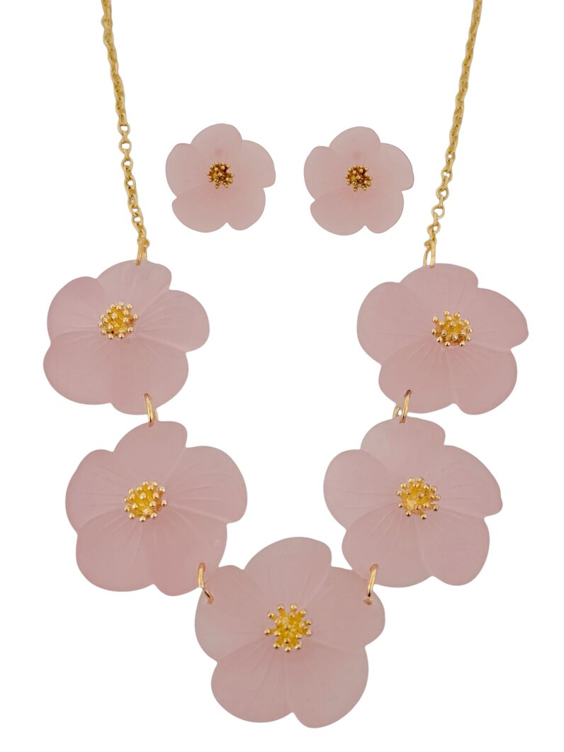 Conjunto de Colar e Brinco Folheado a Ouro 18k Flor de Resina