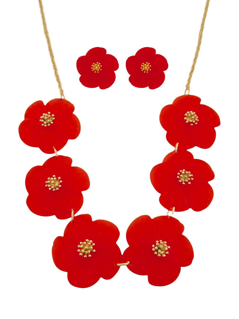 Conjunto de Colar e Brinco Folheado a Ouro 18k Flor de Resina