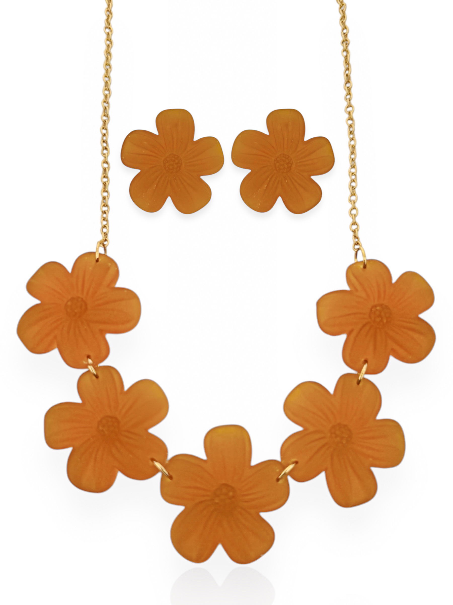 Conjunto de Colar e Brinco Folheado a Ouro 18k Flor de Resina Lisa