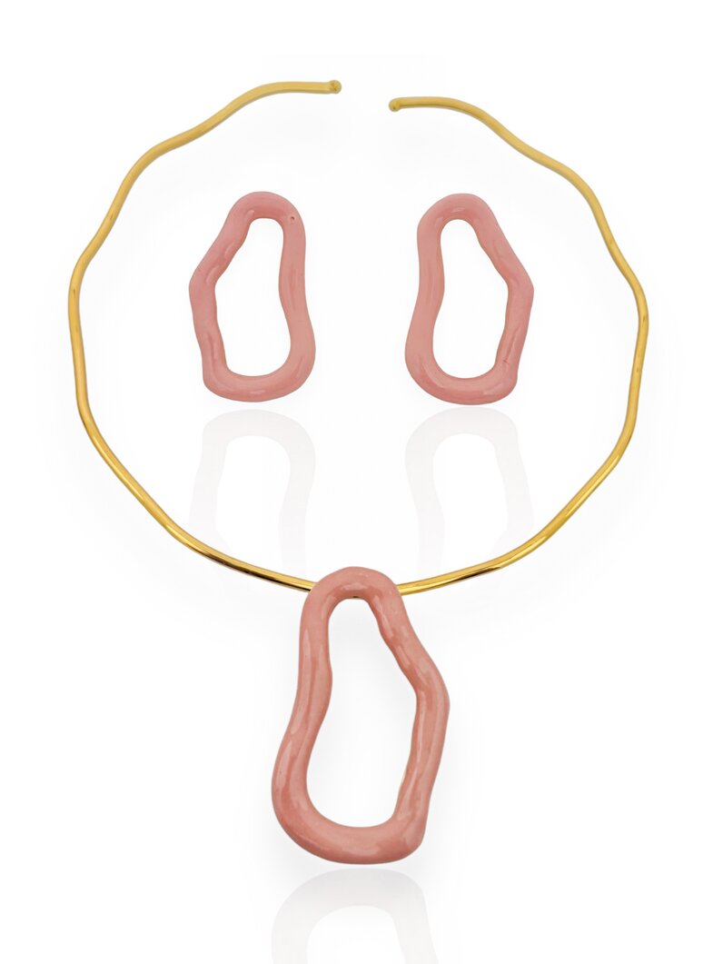 Conjunto de Colar e Brinco Folheado a Ouro 18k Gota Orgânica Vazada com Resina
