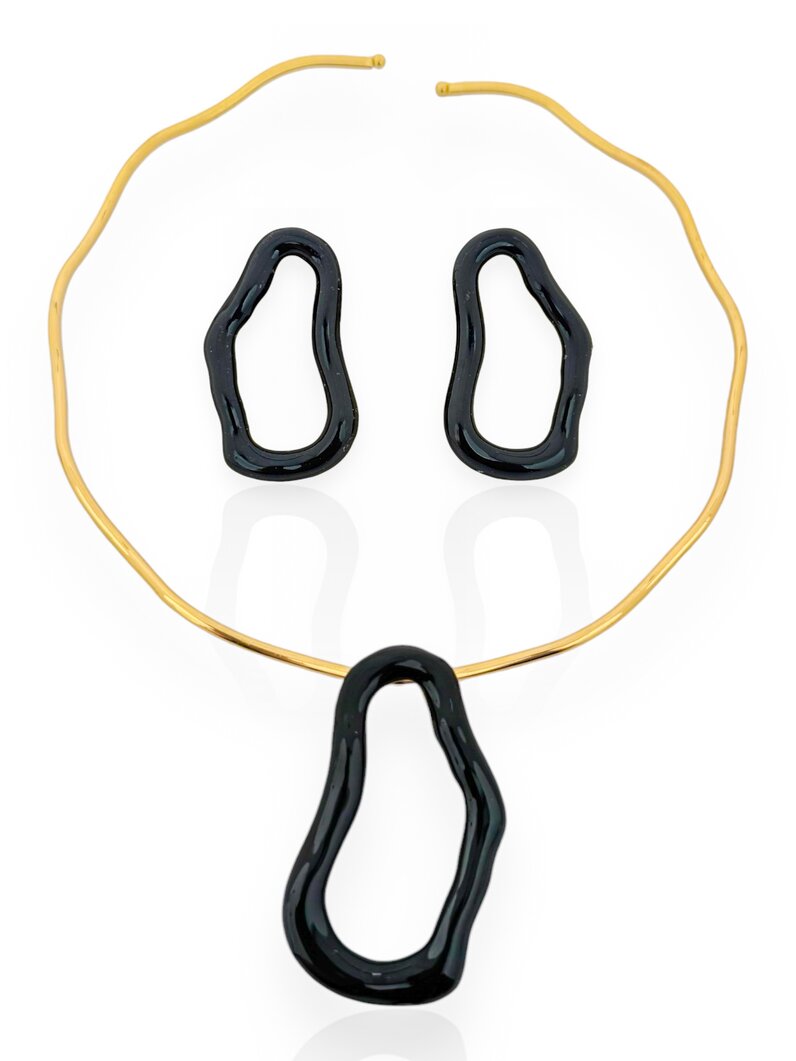 Conjunto de Colar e Brinco Folheado a Ouro 18k Gota Orgânica Vazada com Resina
