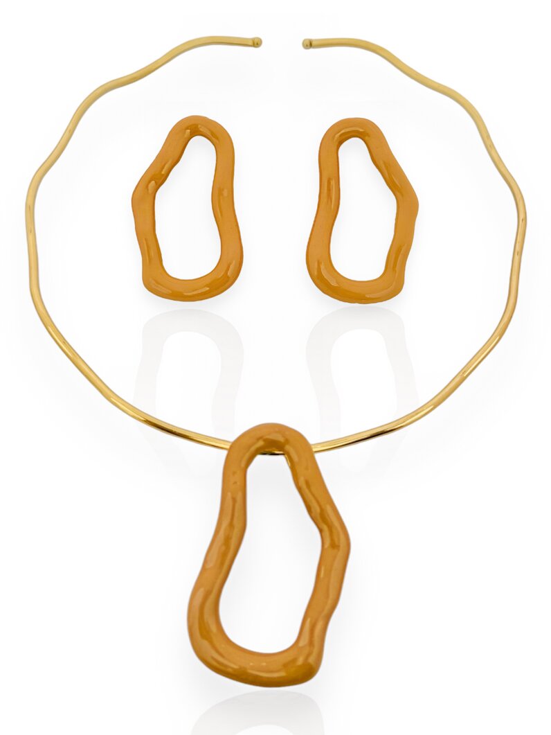 Conjunto de Colar e Brinco Folheado a Ouro 18k Gota Orgânica Vazada com Resina