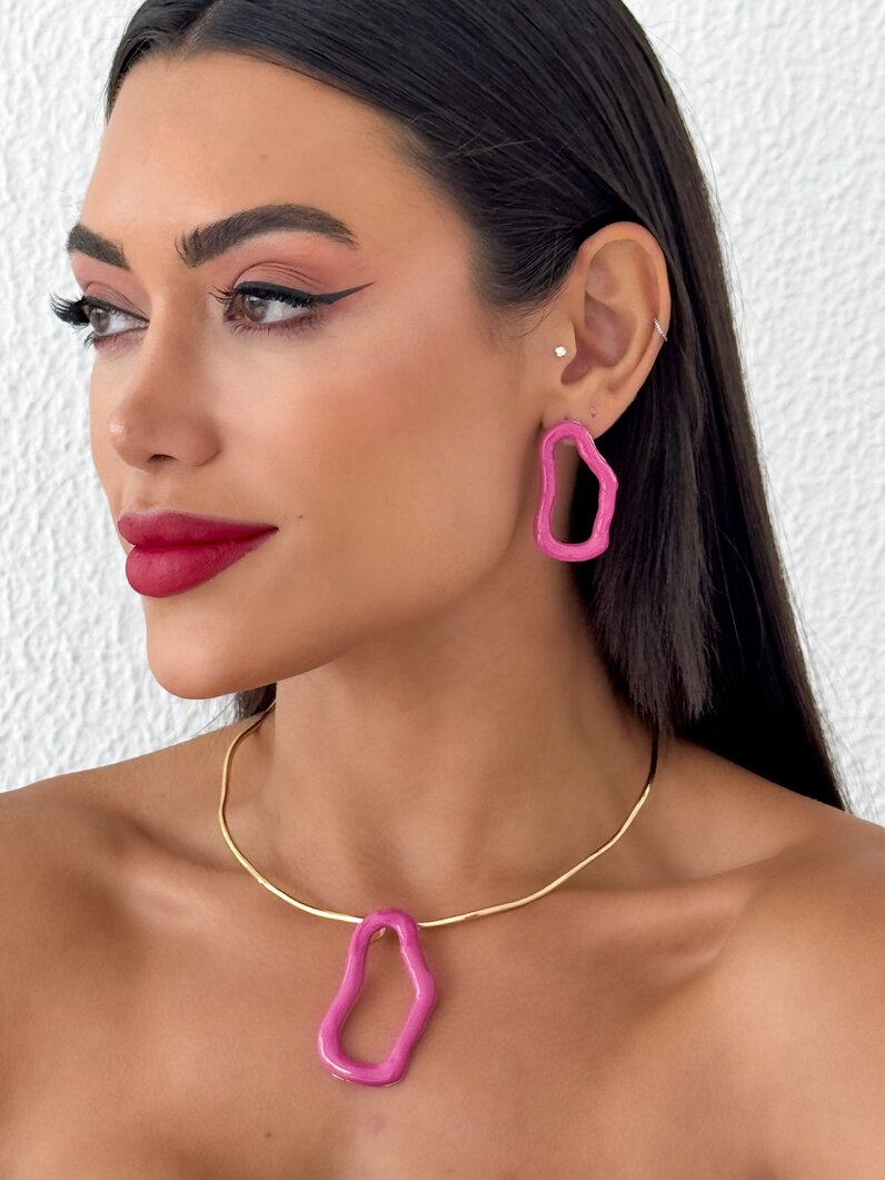 Conjunto de Colar e Brinco Folheado a Ouro 18k Gota Orgânica Vazada com Resina