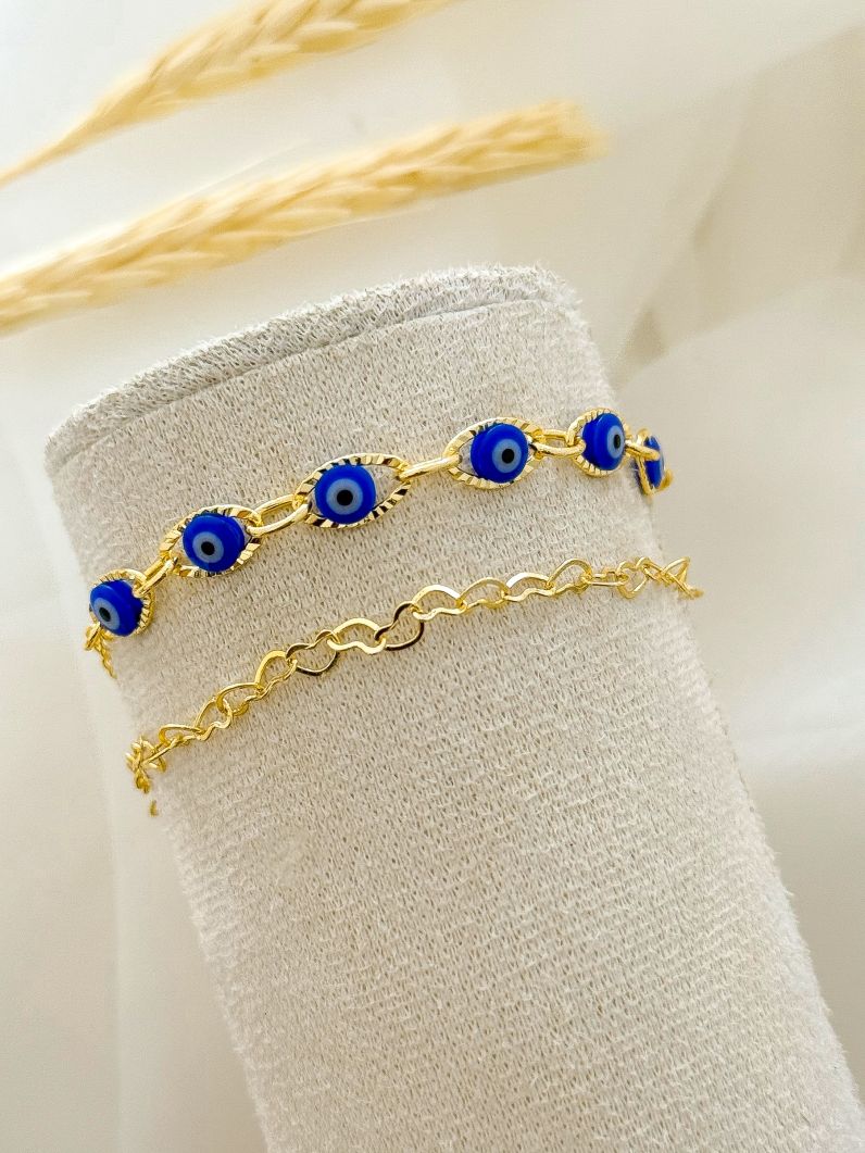 Conjunto Duas Pulseiras Folheado a Ouro 18k Coração e Olho Grego