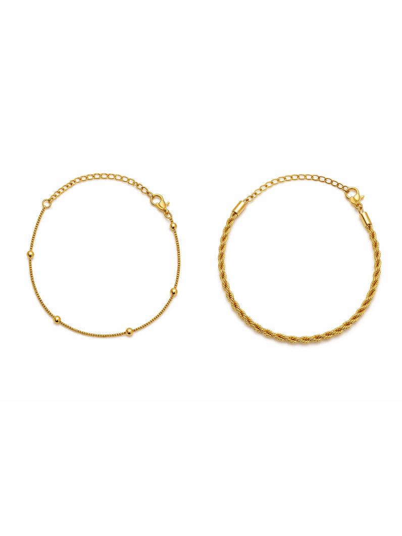 Conjunto Duas Pulseiras Folheado a Ouro 18k Cordão Baiano e Esferas
