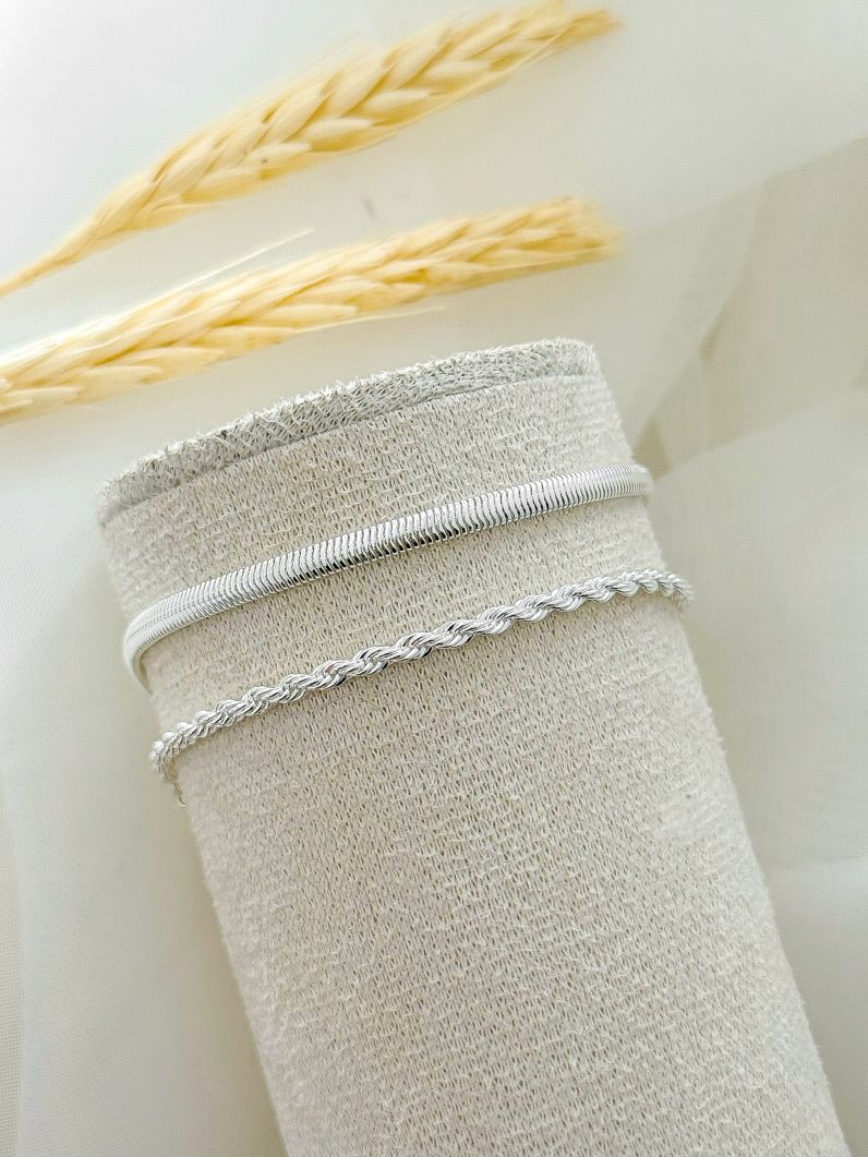 Conjunto Duas Pulseiras Folheado a Prata 925 Malha e Cordão Baiano