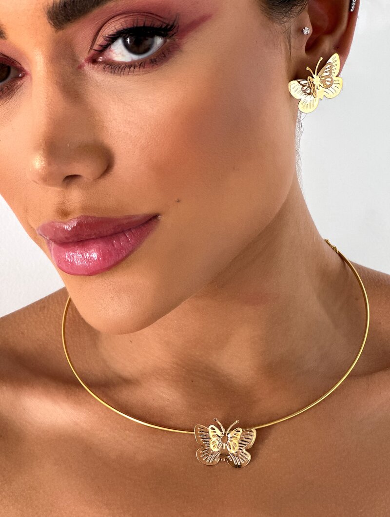 Conjunto Folheado a Ouro 18K Aro e Brinco Borboleta