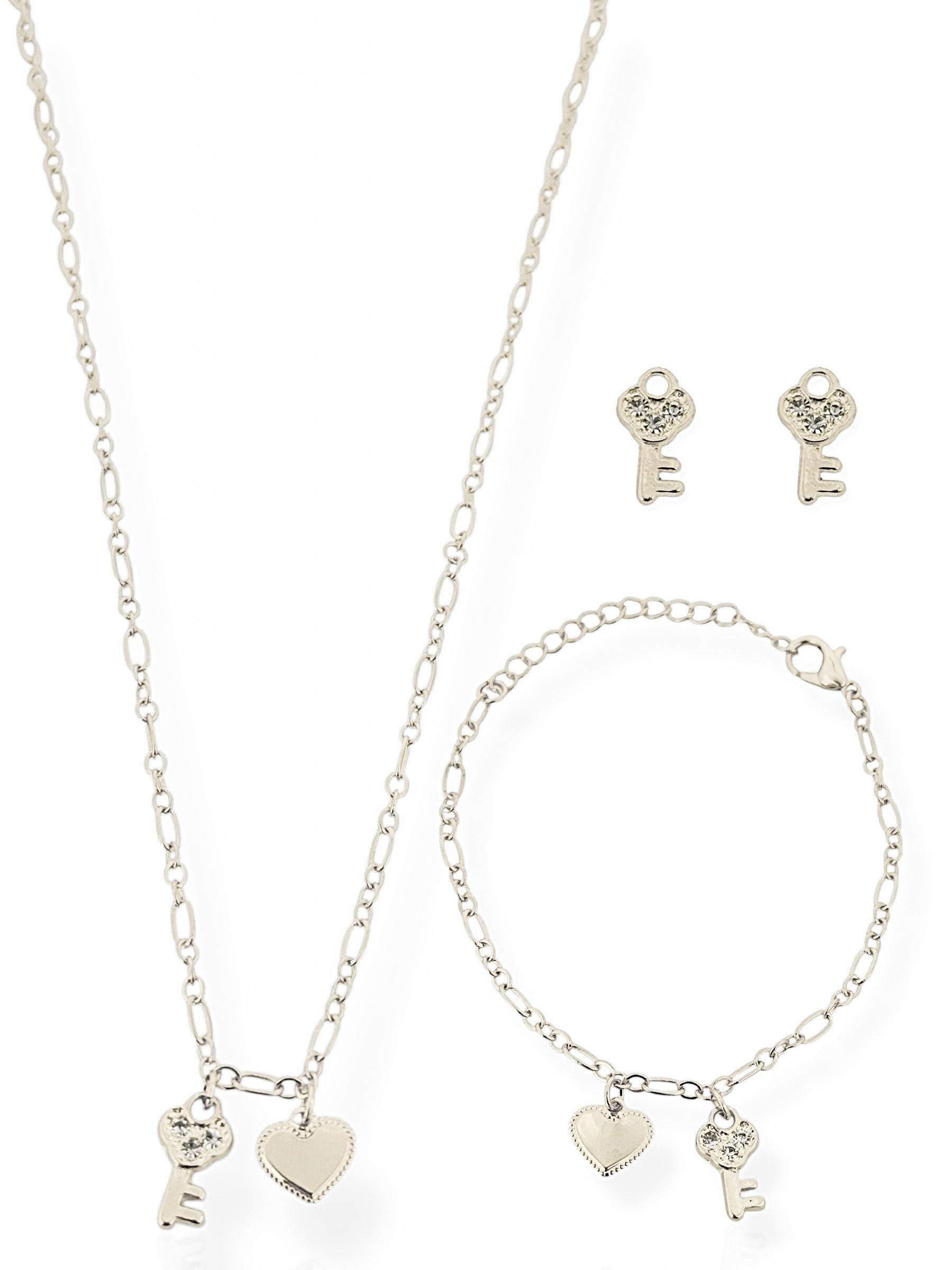 Conjunto Infantil Colar, Brinco e Pulseira Folheado a Ouro 18k e Prata Chave Cravejado