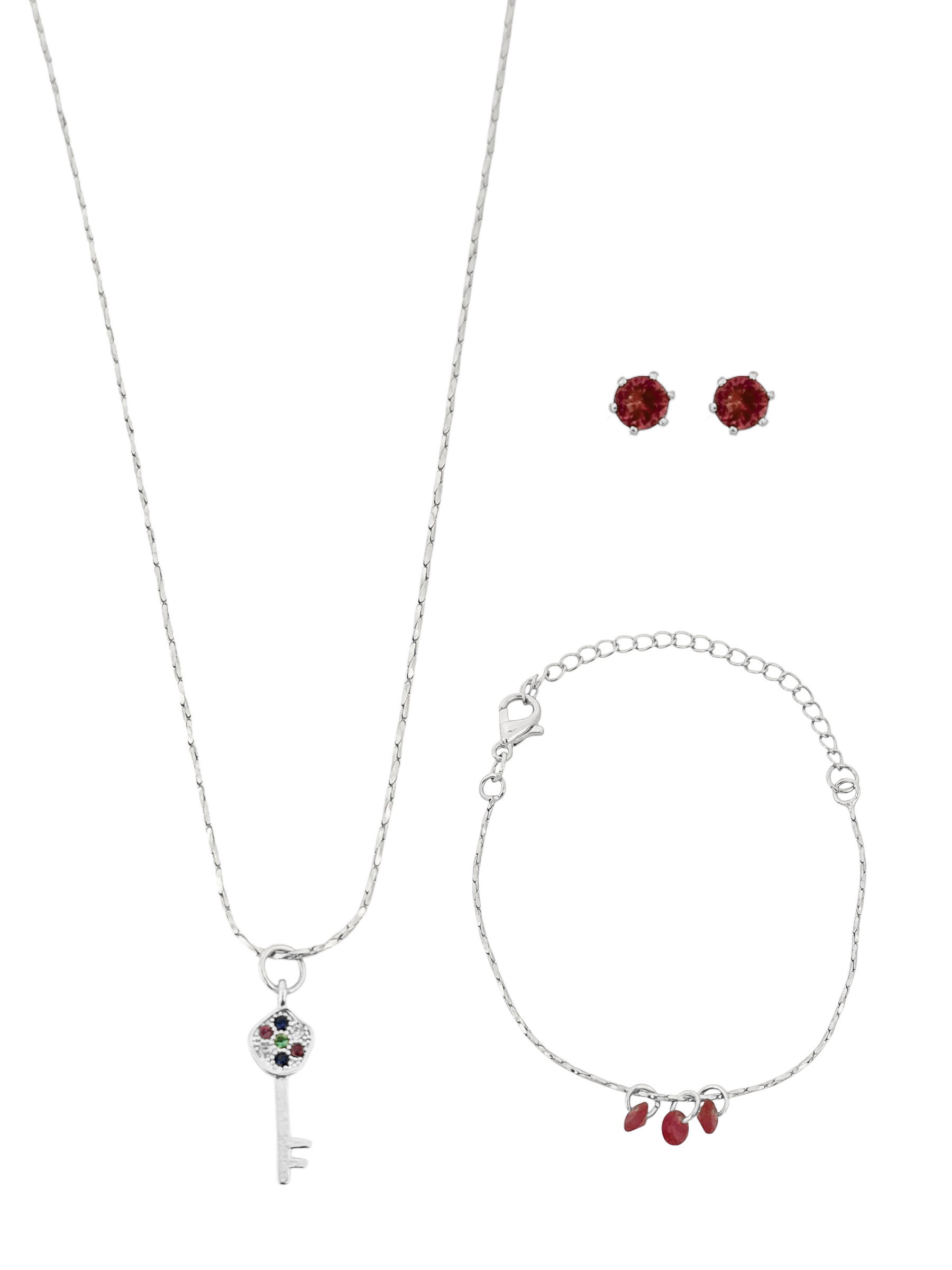 Conjunto Infantil Colar, Brinco e Pulseira Folheado a Ouro 18k e Prata Chave e Cristais Rosas