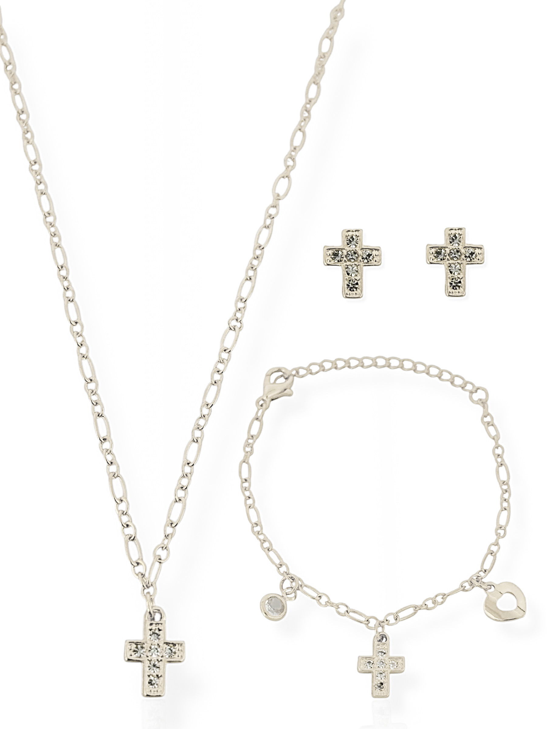 Conjunto Infantil Colar, Brinco e Pulseira Folheado a Ouro 18k e Prata Cruz Cravejada