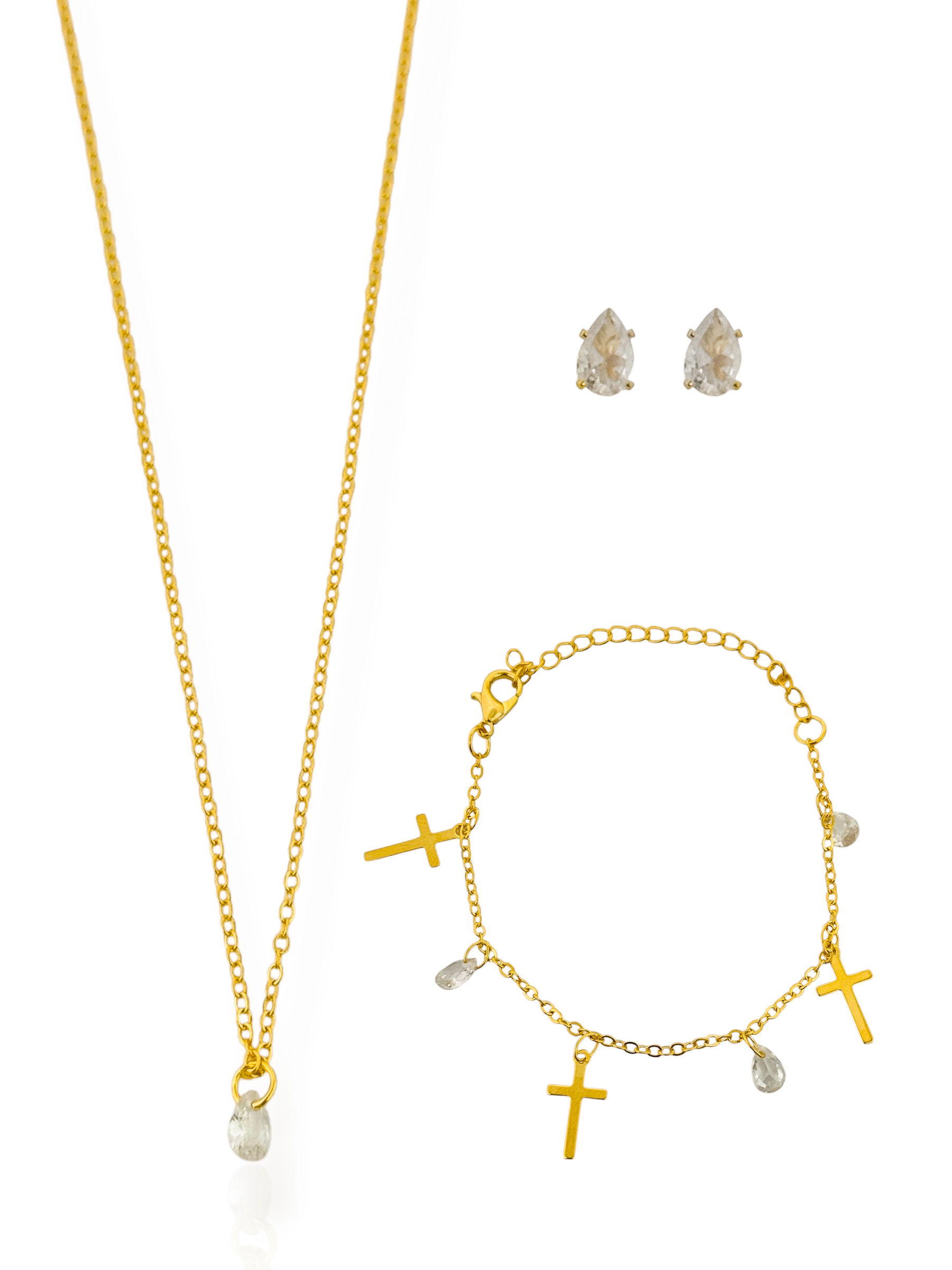 Conjunto Infantil Colar, Brinco e Pulseira Folheado a Ouro 18k e Prata Cruz e Gota de Cristal
