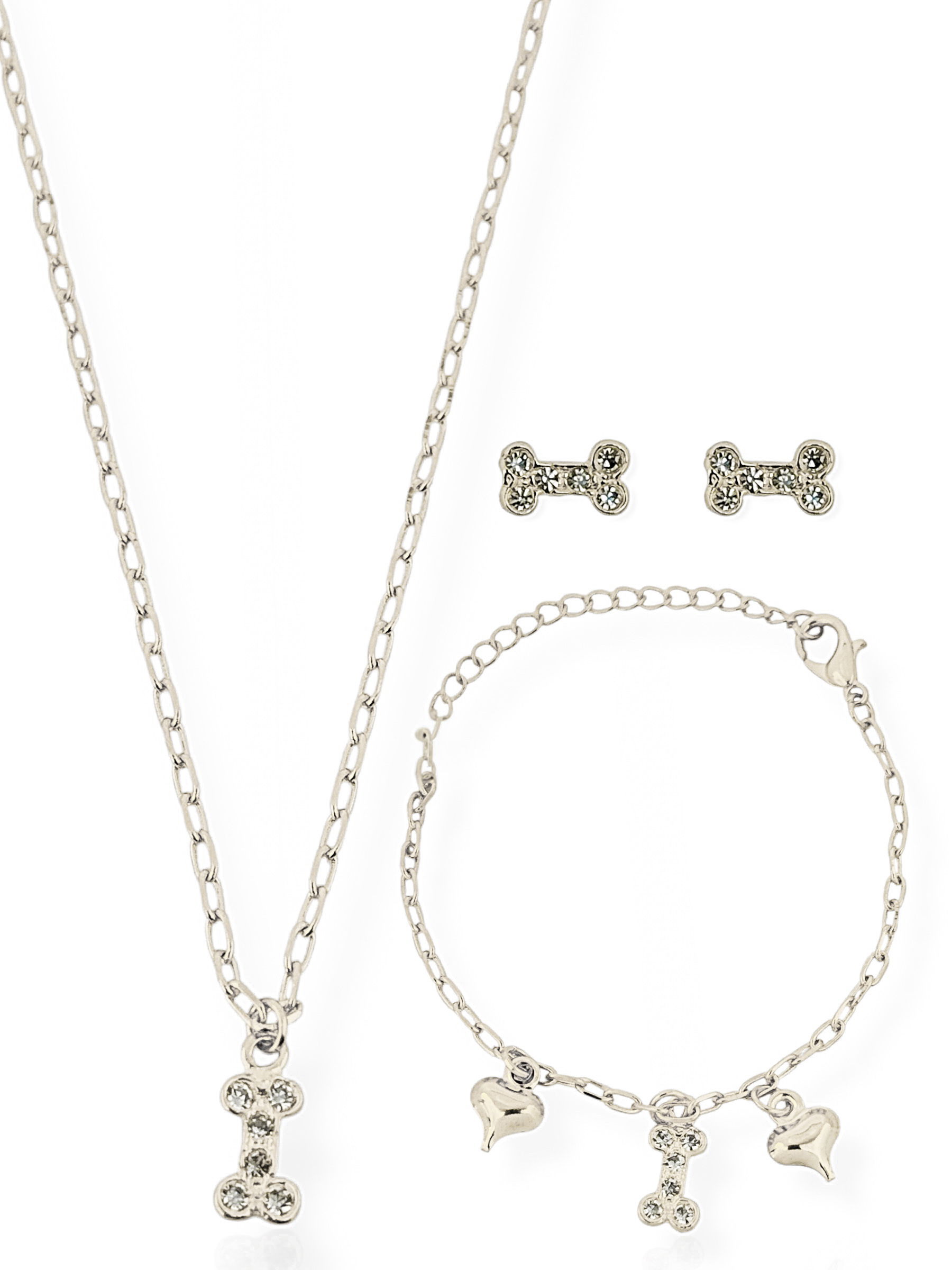 Conjunto Infantil Colar, Brinco e Pulseira Folheado a Ouro 18k e Prata Design 'Ossinho' Com Coração Liso