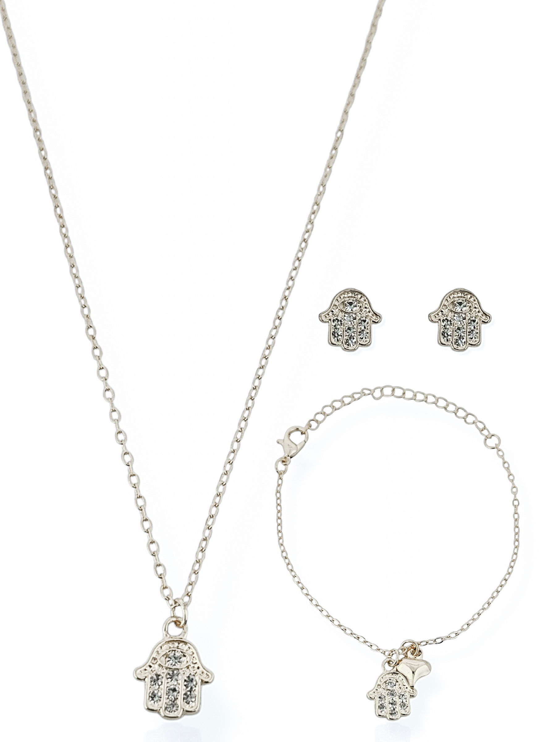 Conjunto Infantil Colar, Brinco e Pulseira Folheado a Ouro 18k e Prata Mão de Hamsa