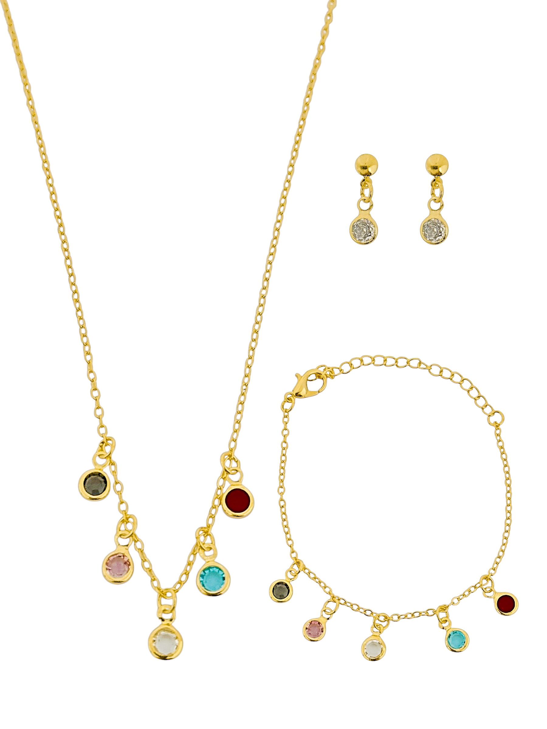 Conjunto Infantil Colar, Brinco e Pulseira Folheado a Ouro 18k e Prata Zirconias Coloridas