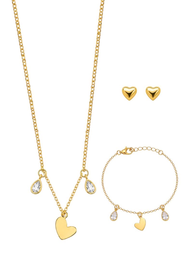 Conjunto Infantil Colar, Brinco e Pulseira Folheado a Ouro 18k Corações e Gotas