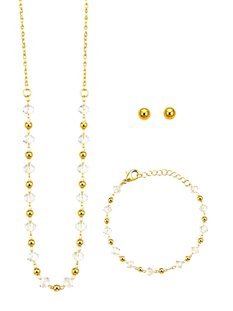 Conjunto Infantil Colar, Brinco e Pulseira Folheado a Ouro 18k Cristais e Esferas