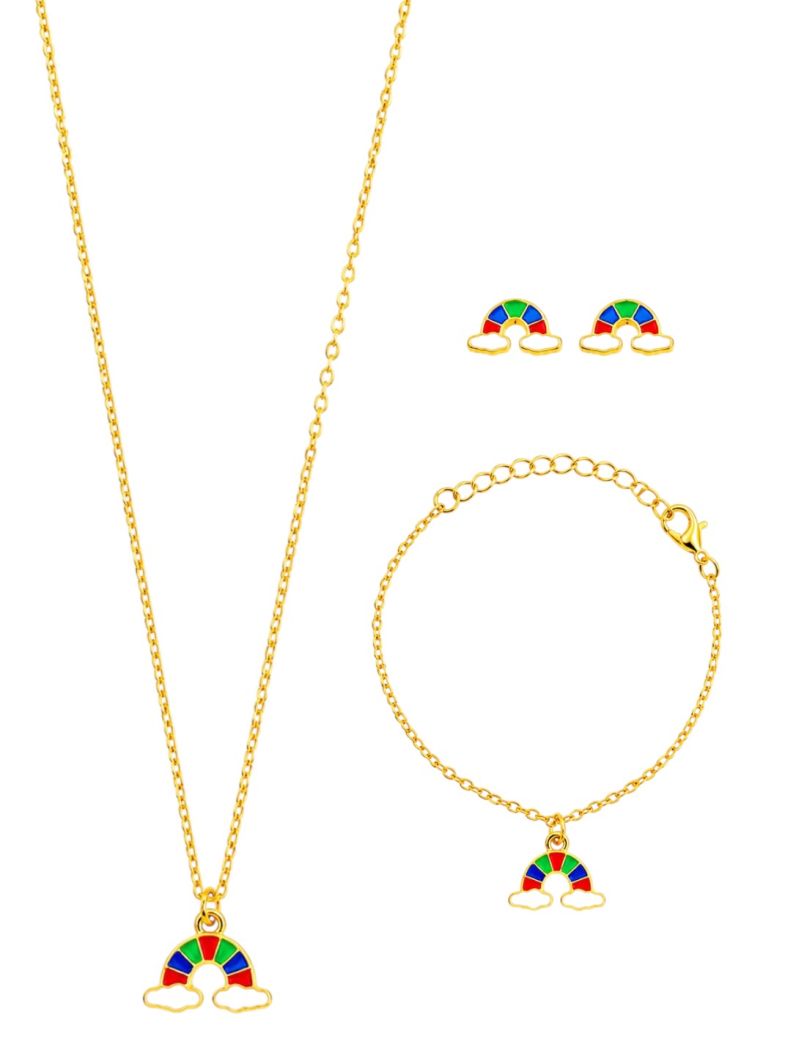Conjunto Infantil Colar, Brinco e Pulseira Folheado a Ouro 18k Design Arco-Íris