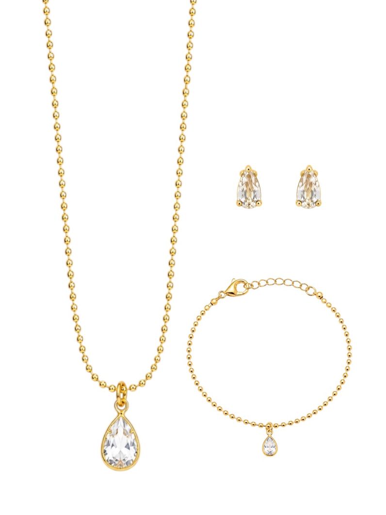 Conjunto Infantil Colar, Brinco e Pulseira Folheado a Ouro 18k Esferas e Gotas de Cristal