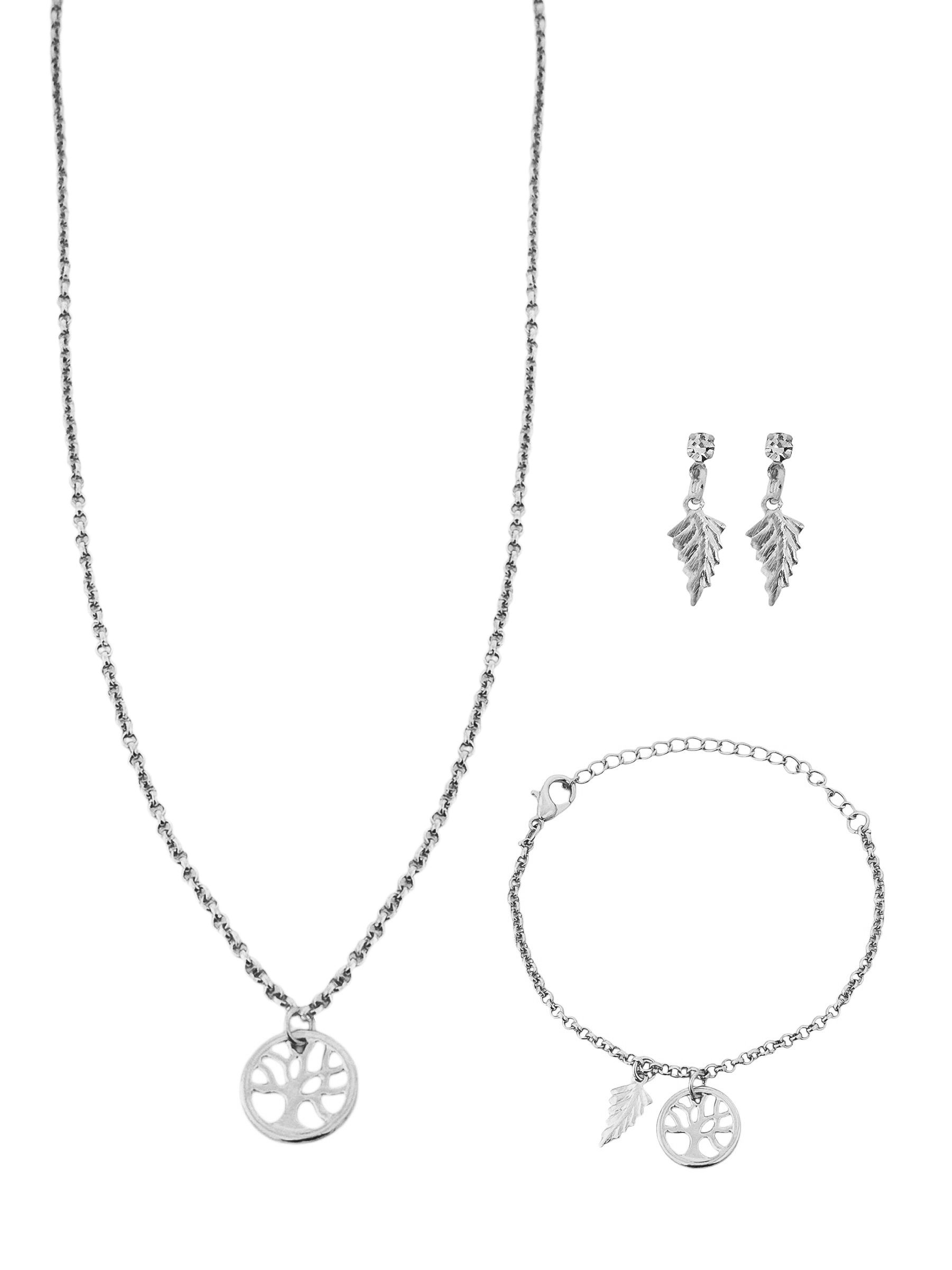 Conjunto Infantil Colar, Brinco e Pulseira Folheado a Ouro 18k Folhas e Arvore da Vida