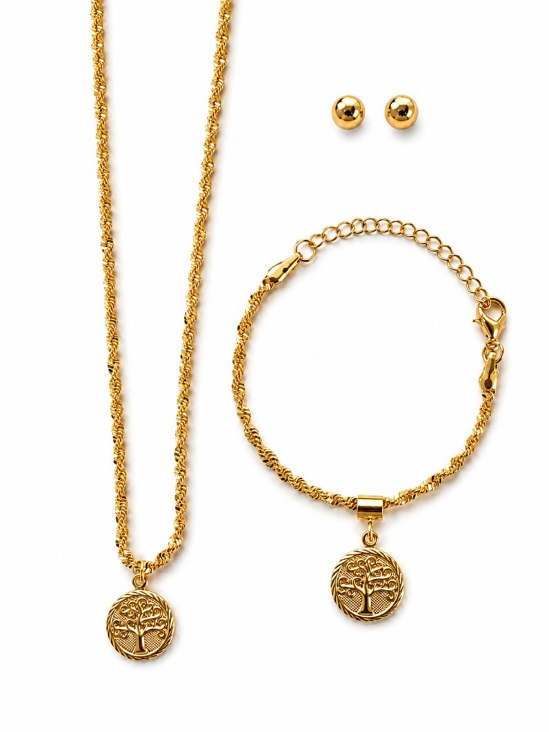 Conjunto Infantil Colar, Pulseira e Brinco Folheado a Ouro 18k e Prata Arvore da Vida