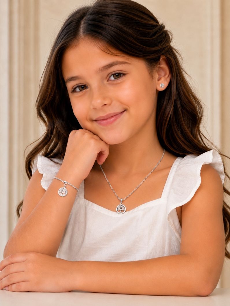 Conjunto Infantil Colar, Pulseira e Brinco Folheado a Ouro 18k e Prata Arvore da Vida