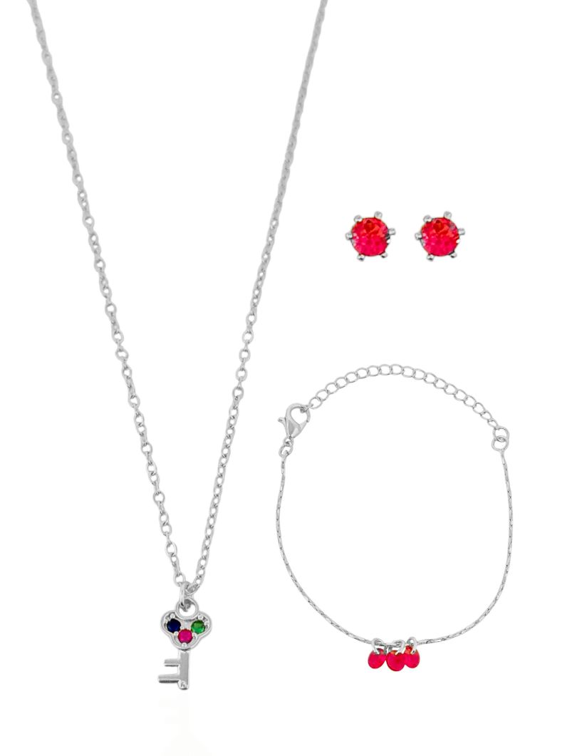 Conjunto Infantil Colar, Pulseira e Brinco Folheado a Ouro 18k e Prata Chave Com Cristais