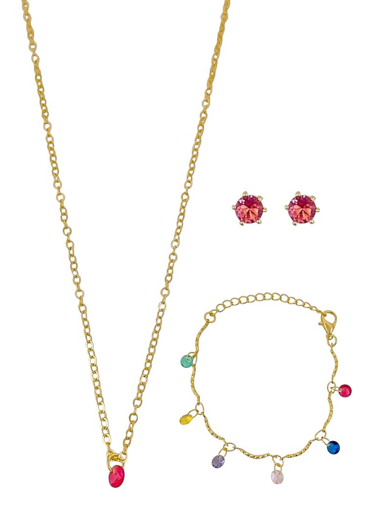 Conjunto Infantil Colar, Pulseira e Brinco Folheado a Ouro 18k e Prata Com Cristais Colorido