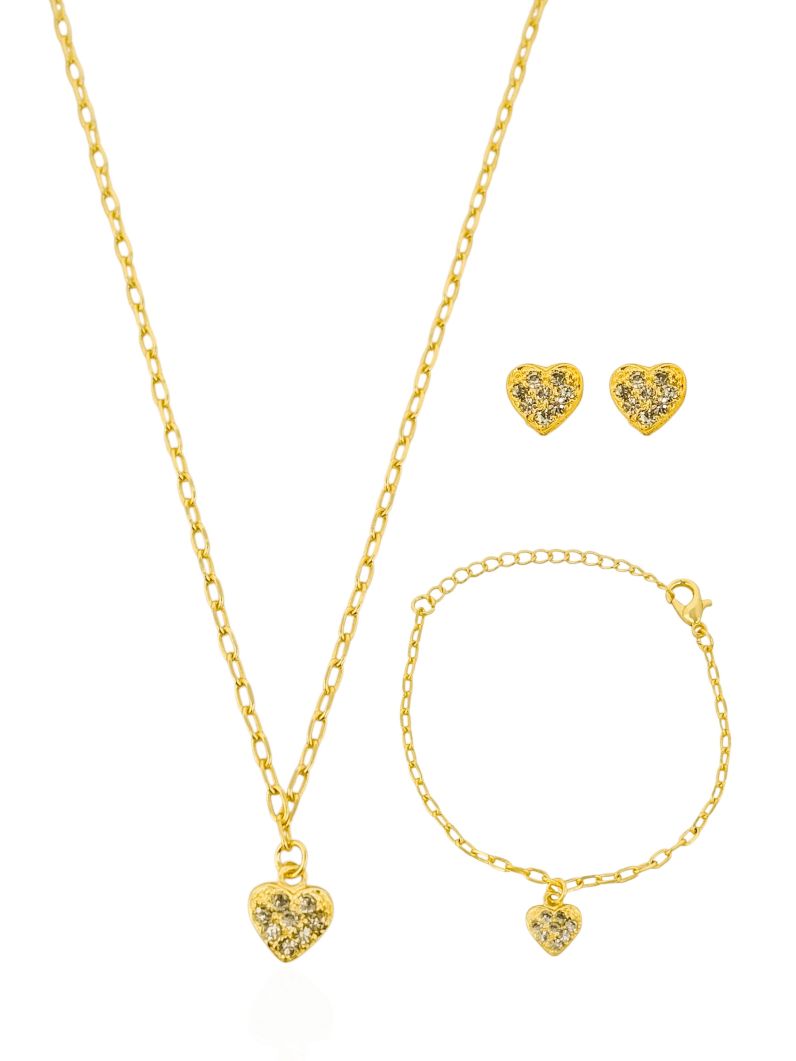 Conjunto Infantil Colar, Pulseira e Brinco Folheado a Ouro 18k e Prata Coração Com Zircônia